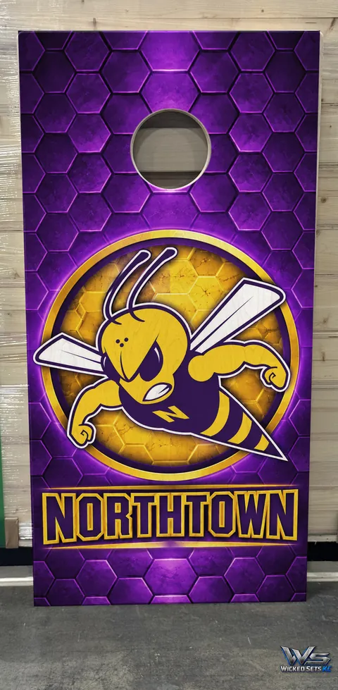 Custom purple and gold board with a hornet mascot and NORTHTOWN lettering