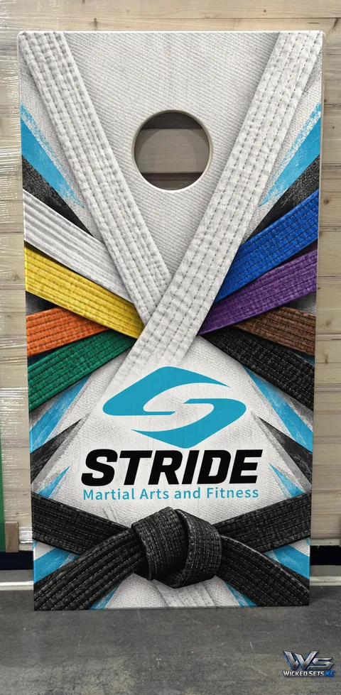 Custom board for Stride Martial Arts and Fitness with belts in every rank colour
