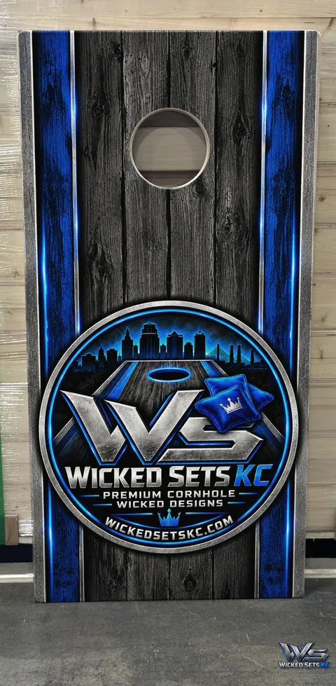 Wicked Sets KC house board with the company logo on dark blue barn wood