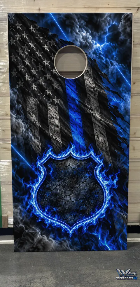 Blue line flag with a shield outlined in blue flame