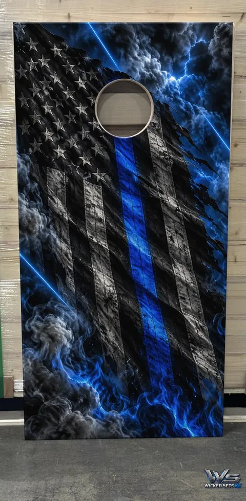 Weathered blue line flag with storm clouds