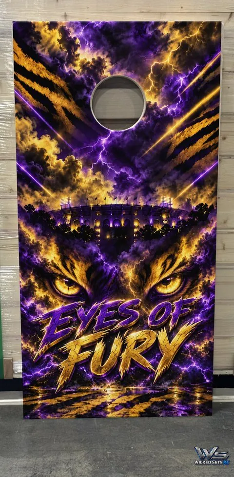 Purple and gold board design with tiger eyes and a stadium under storm clouds