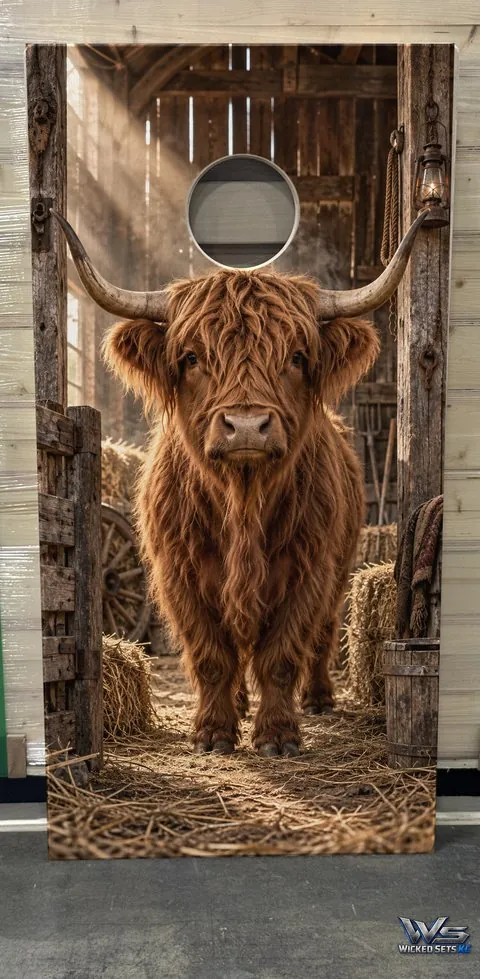 Highland cow standing in a sunlit barn doorway
