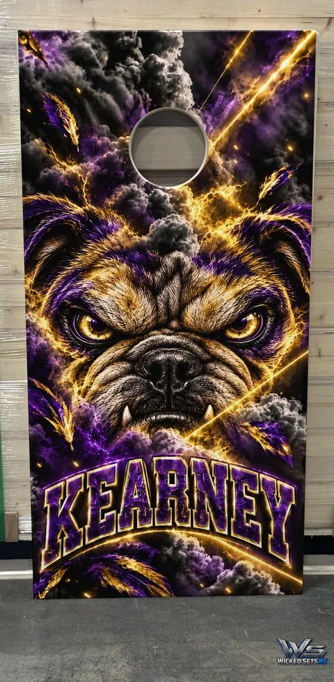 Purple and gold board design with a bulldog face above the town name