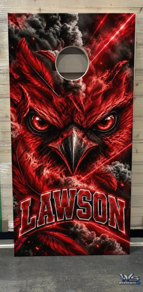 Red board design with cardinal eyes above the town name