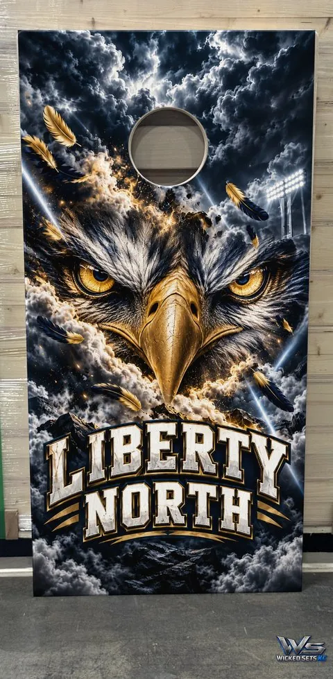 Navy and gold board design with eagle eyes above the school name