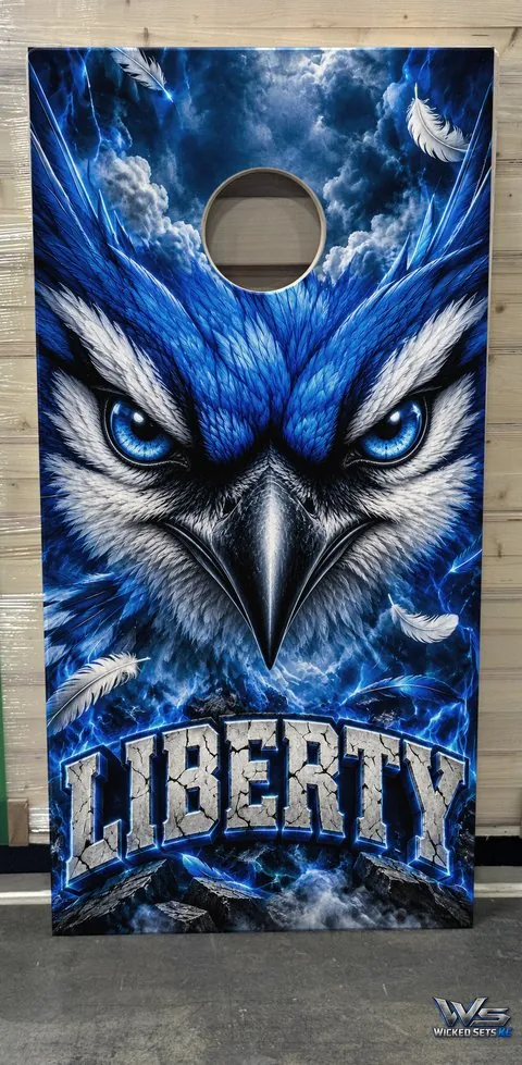 Blue and white board design with blue jay eyes above the town name