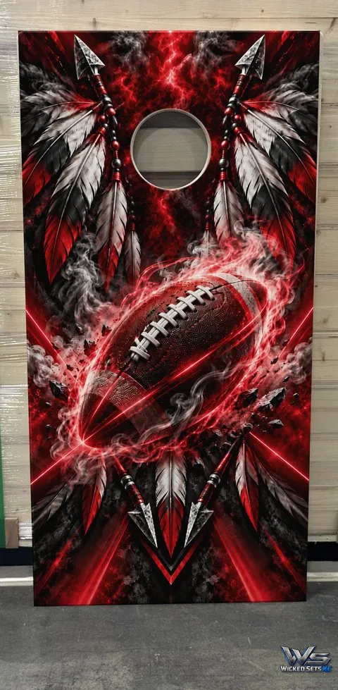 Red and chrome board design with feathers, arrows and a football