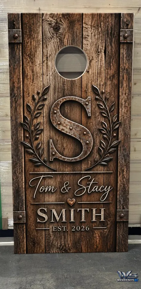 Rustic wedding board design on weathered barn wood with a metal monogram, names and a year