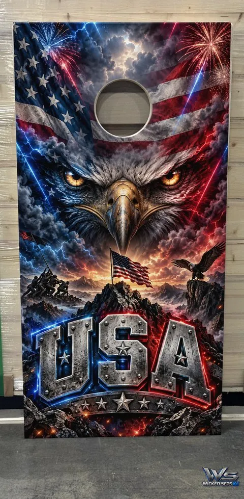 American flag, eagle and fireworks over a mountain ridge